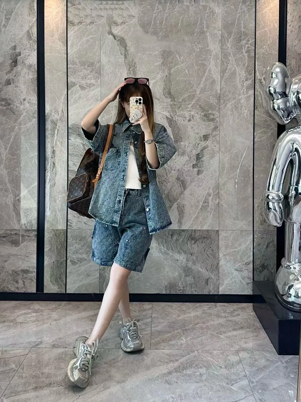 Louis Vuitton/Louis Vuitton 25ss all-over old flower jacquard suit denim short-sleeved shirt